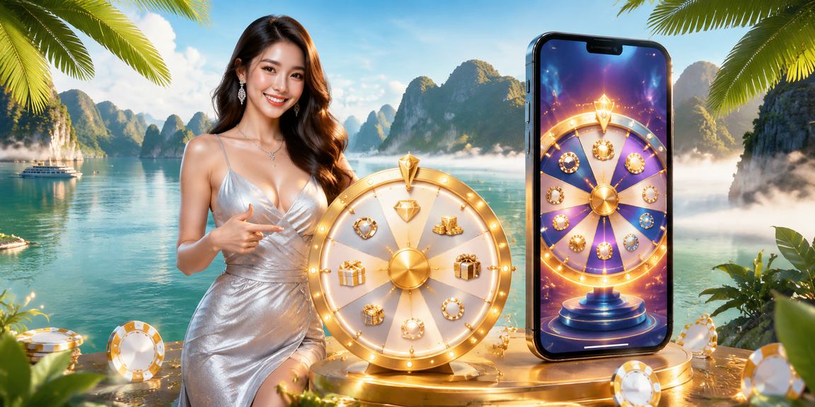 Người chơi trải nghiệm Roulette trực tuyến với khung cảnh Vịnh Hạ Long ở phía sau